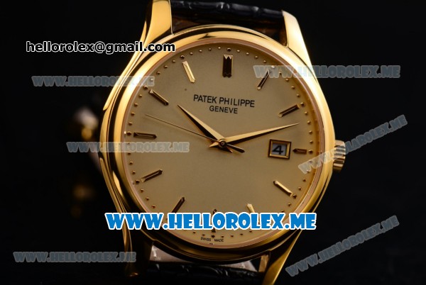 Patek Philippe Calatrava Miyota Quartz Yellow Gold Case with Yellow Gold Dial and Black Leather Strap Stick Markers - Click Image to Close